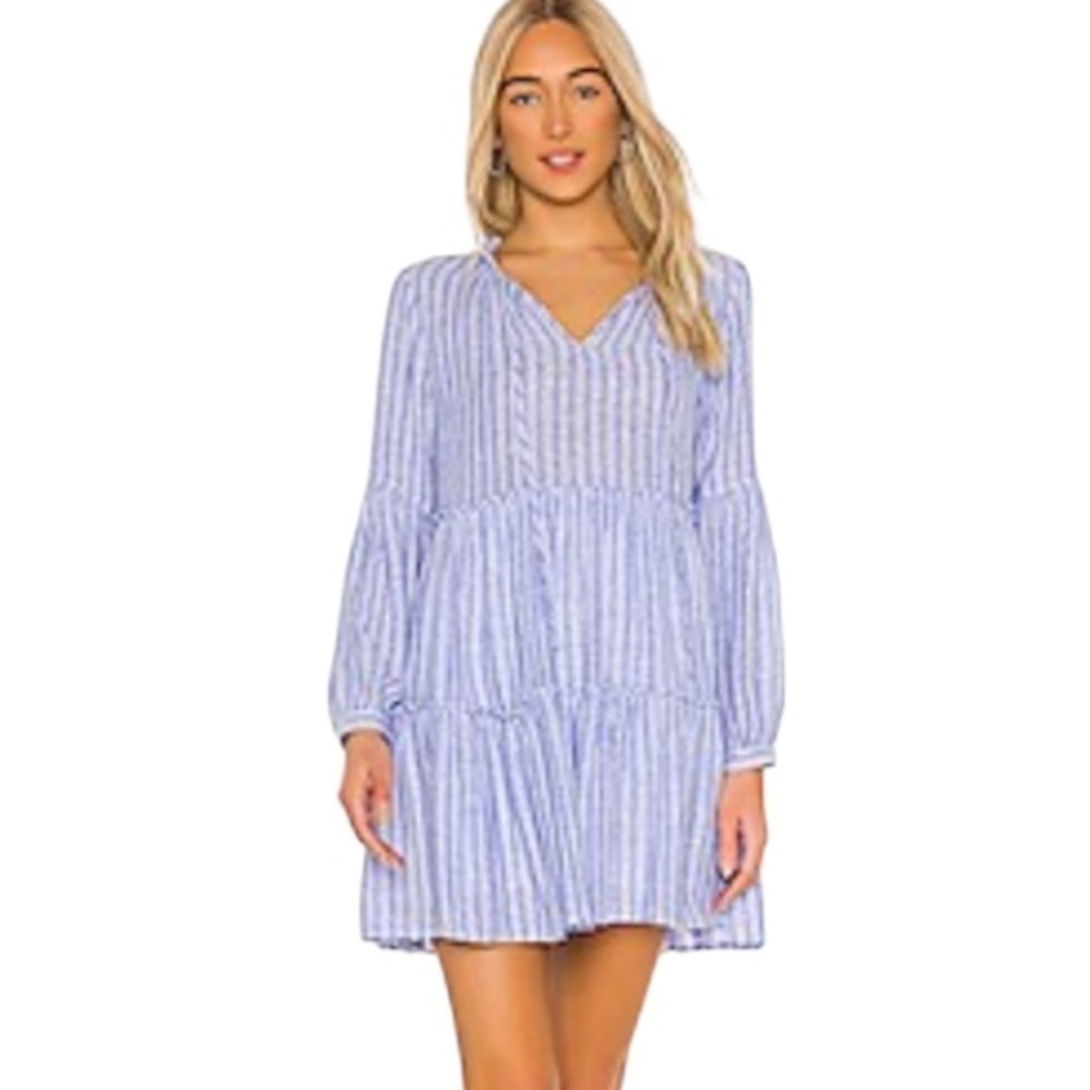 RAILS Everly Tiered Long Sleeve Tie Dress Ludlow Stripe Women’s Blue Linen